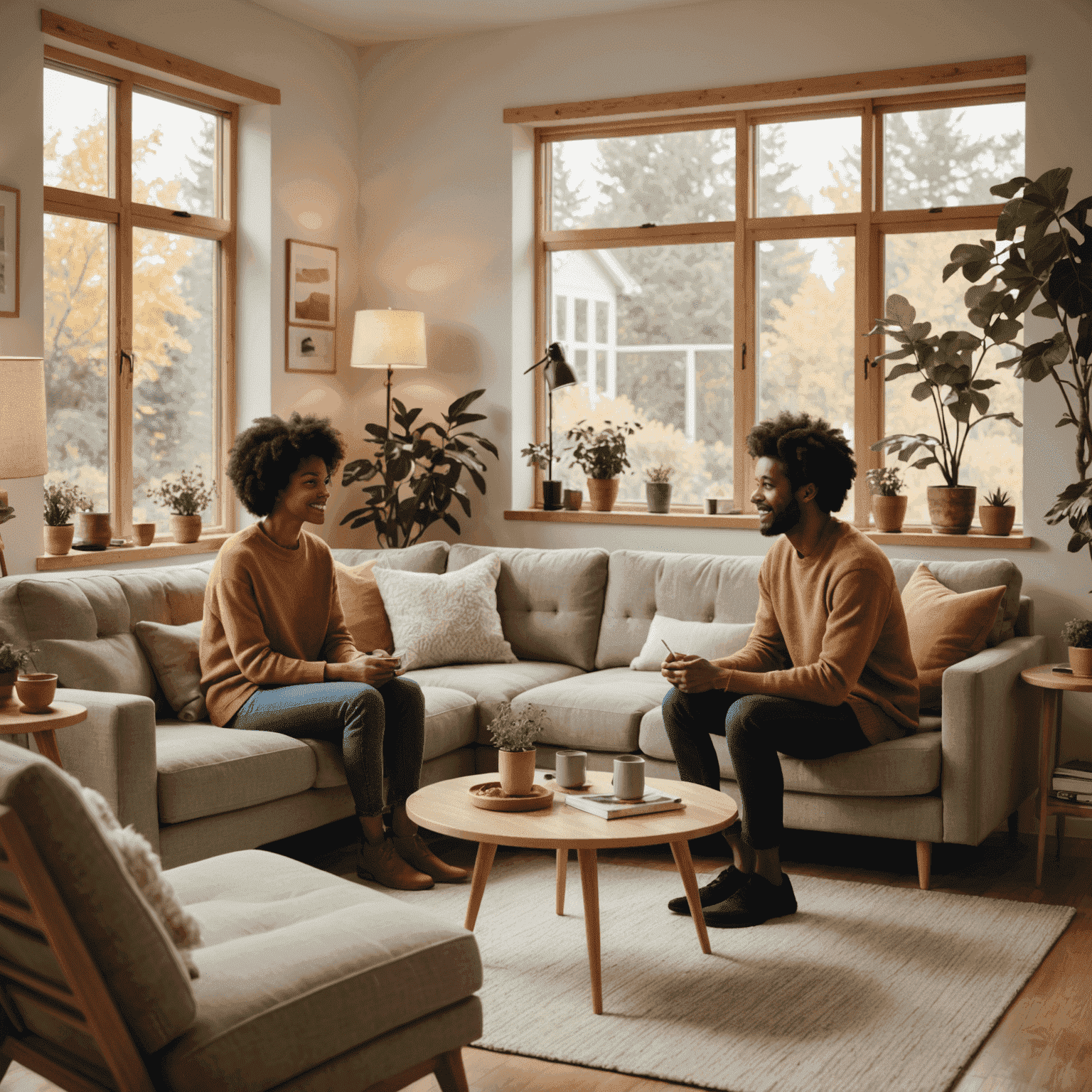 A cozy living room with two people having a calm conversation, demonstrating healthy communication and boundary setting