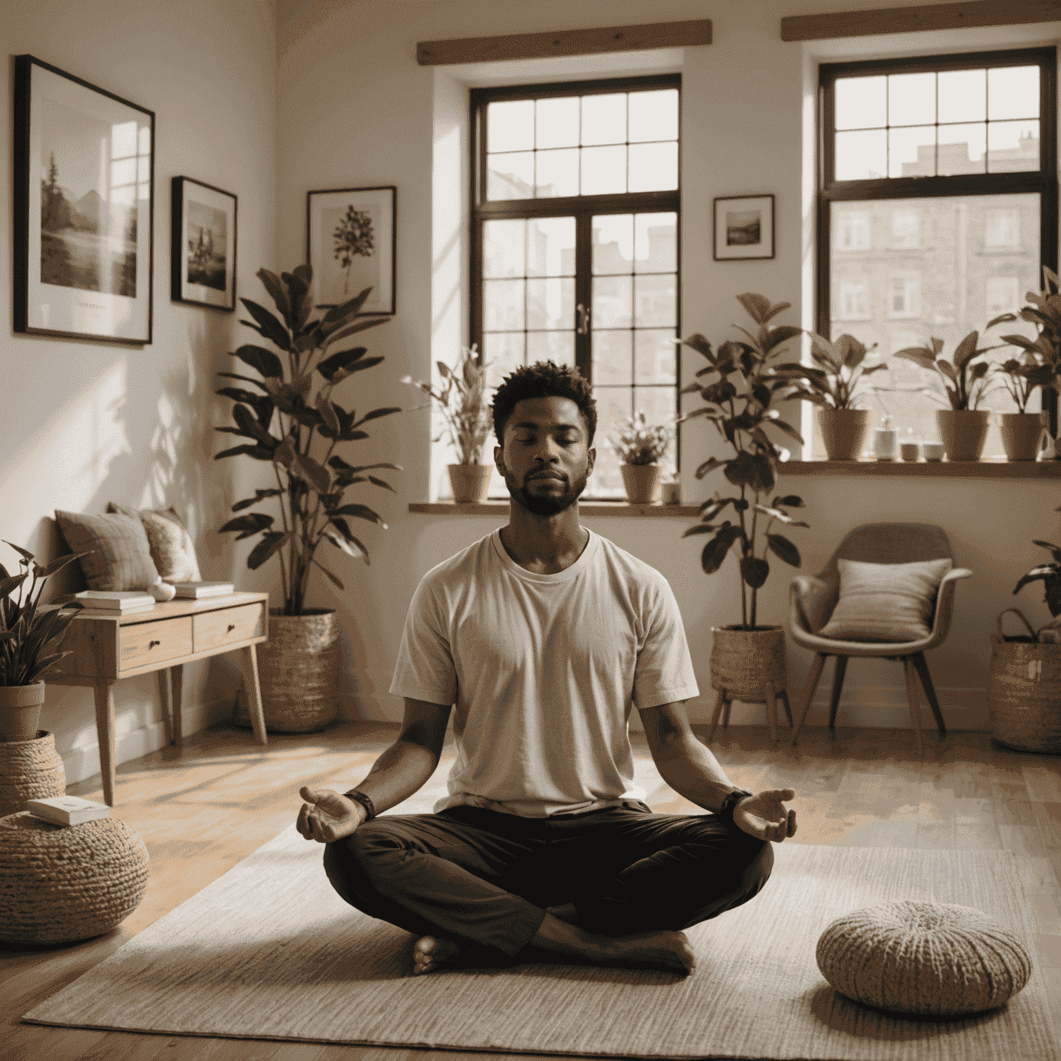 A person meditating in their room, symbolizing self-care and personal space in a shared living environment
